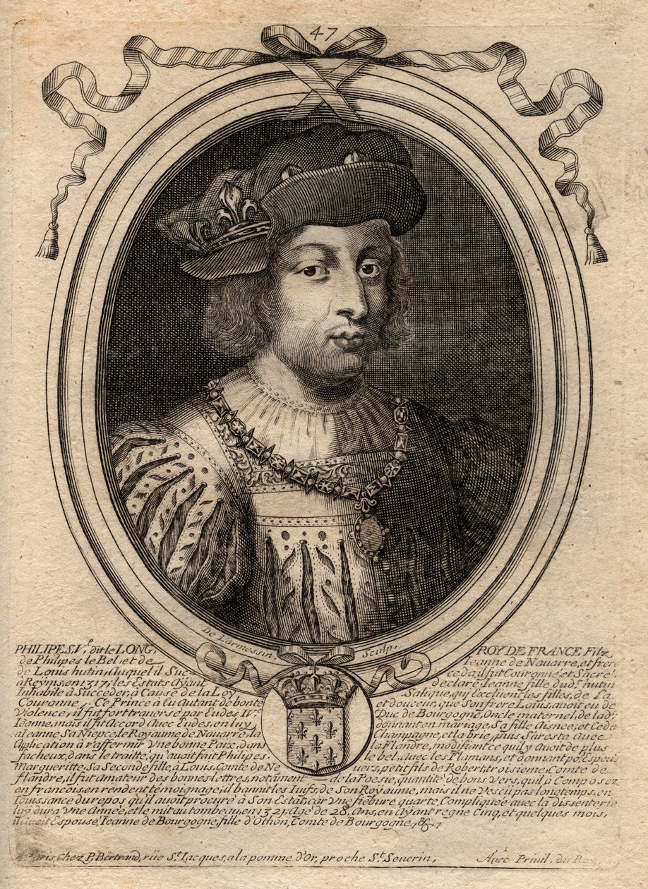 Portrait de Philippe V le Long (1294-1322), roi de France - Gravure de 