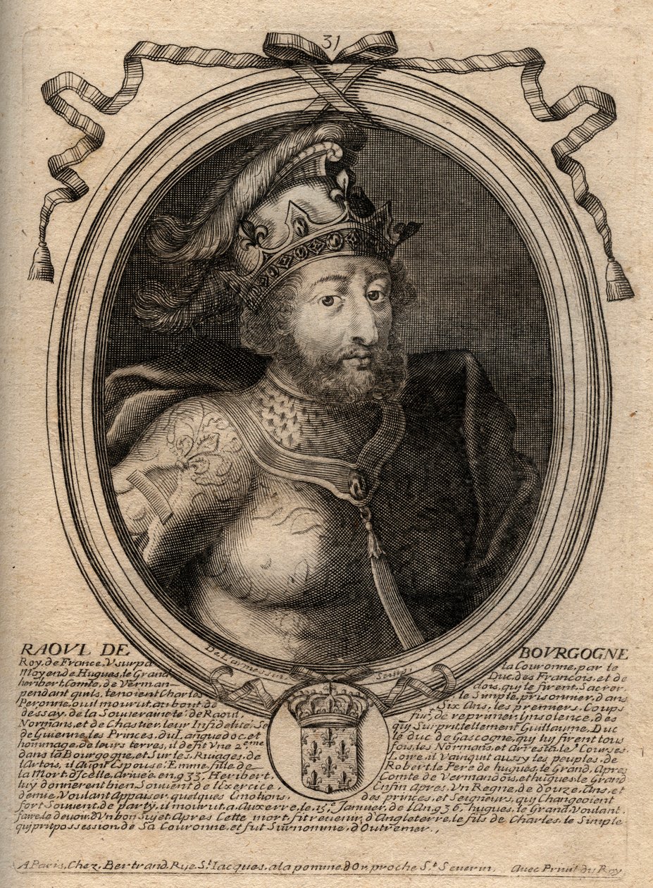 Portrait de Raoul de France (ou Rodolphe, c. 890-936) roi des Francs - Rodolphe de Bourgogne, roi de France (923-936) - Gravure de 