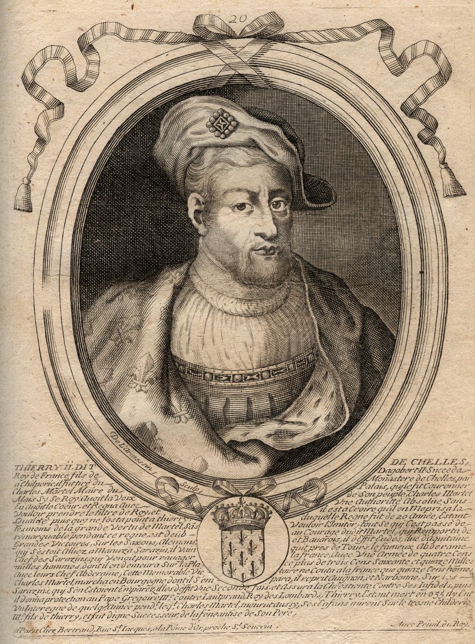Portrait de Thierry IV (713-737) roi des Francs de 721 à 737 - Thierry IV (Théodoric) roi des Francs - Gravure de 