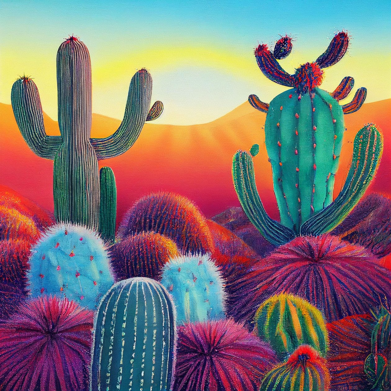 Peinture vibrante : Coucher de soleil sur les plateaux de cactus - F. Abderrahim