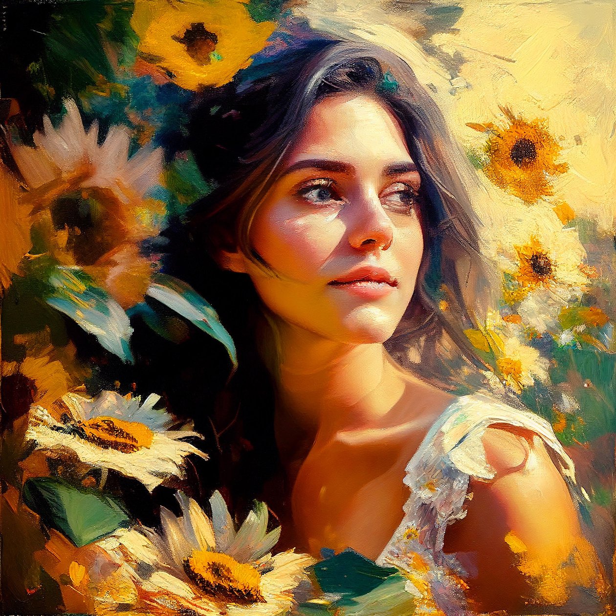 Une belle fille dans la nature, entourée de tournesols, Peinture artistique Art mural | Impressions sur toile - F. Abderrahim