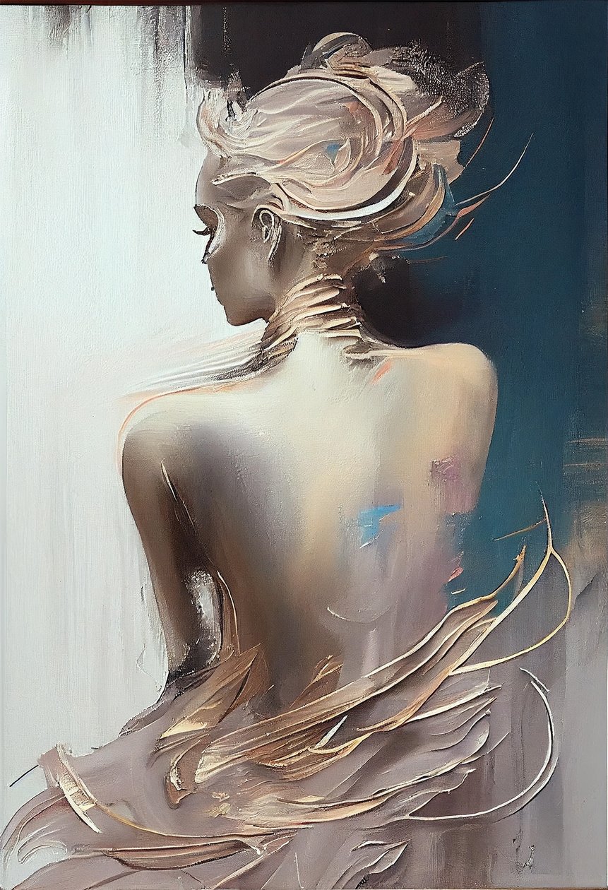 Une femme vêtue assise vue de dos, Peinture silhouette - F. Abderrahim