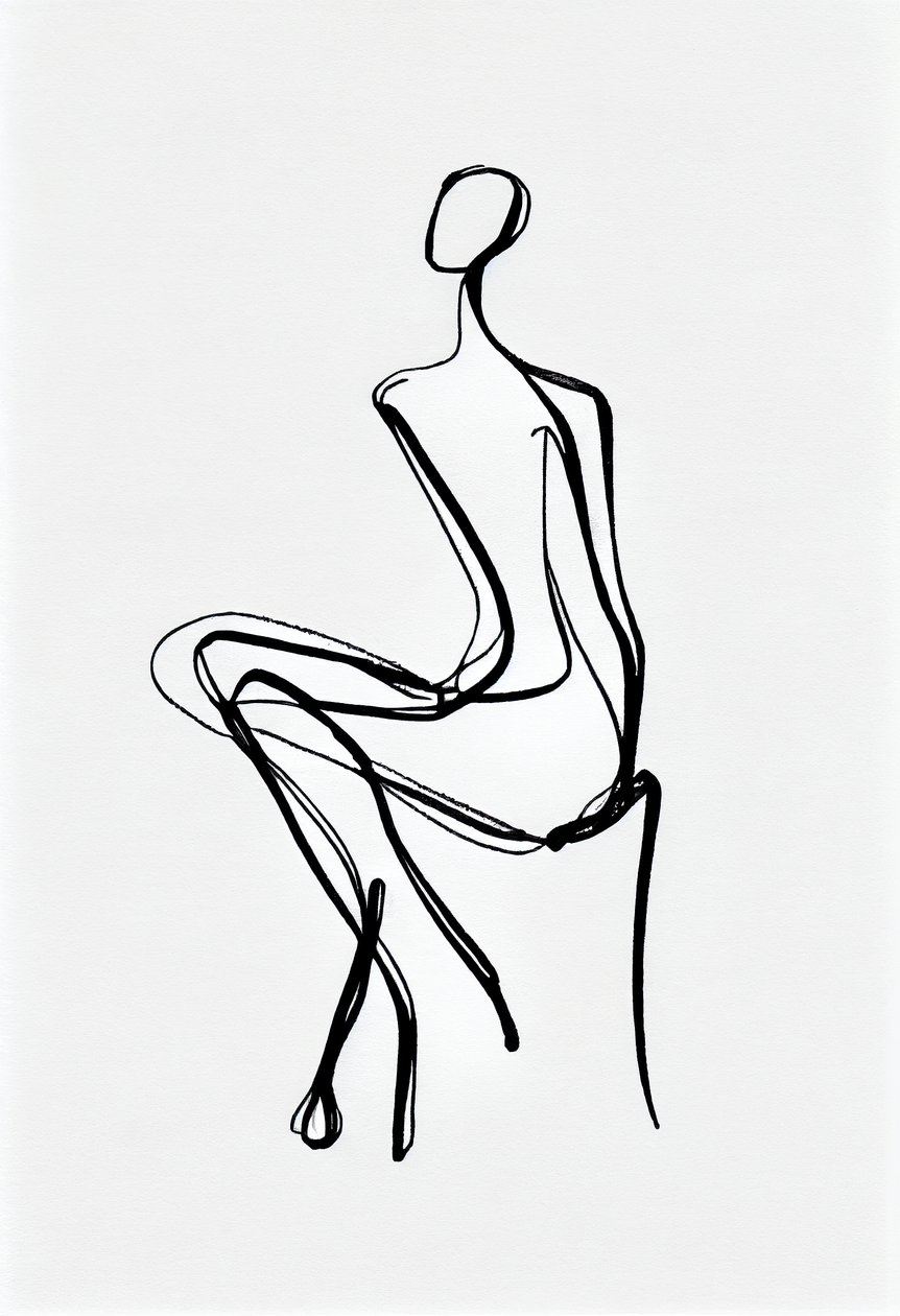 Silhouette de femme assise, dessin en une ligne - F. Abderrahim