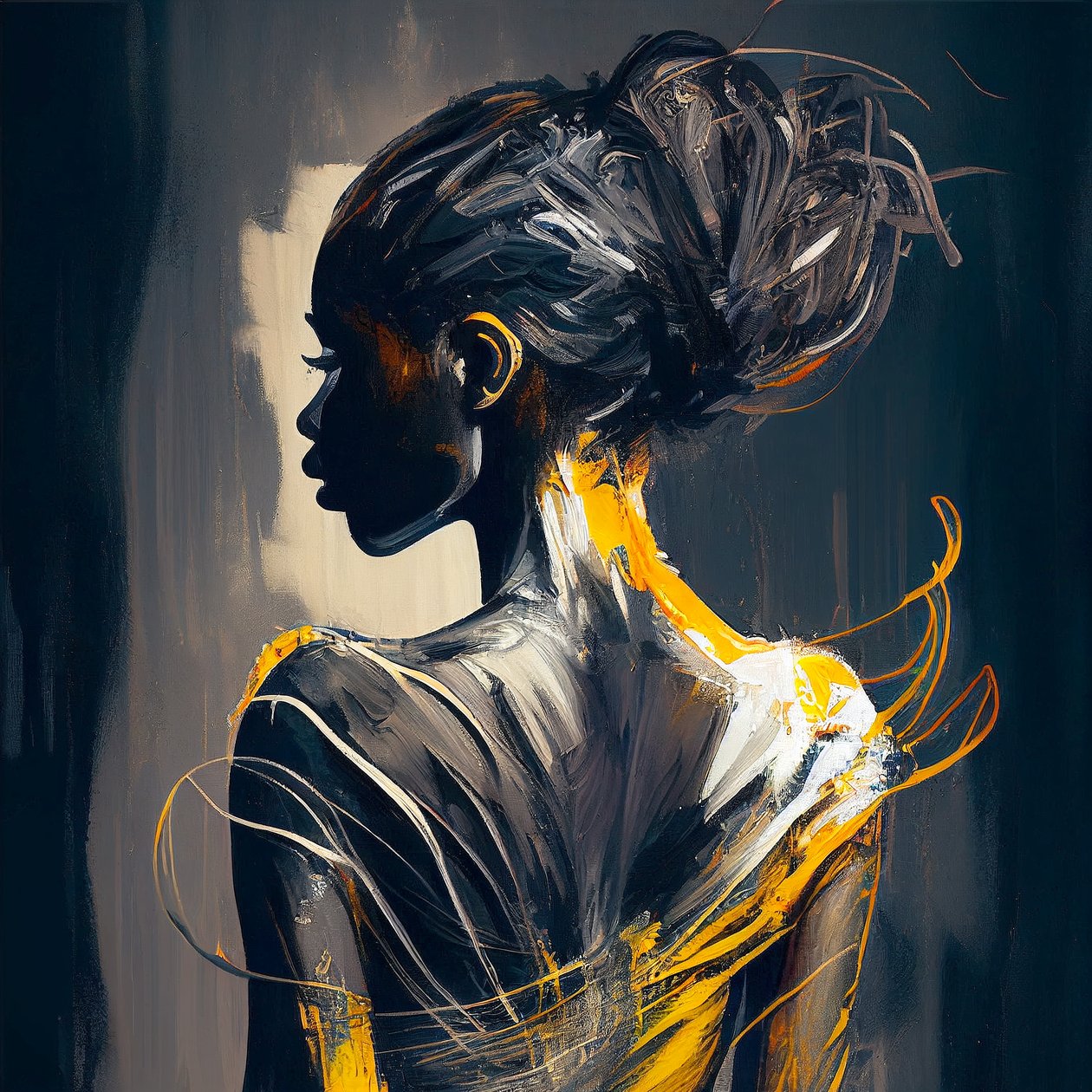 Femme africaine vue de dos, peinture abstraite à l