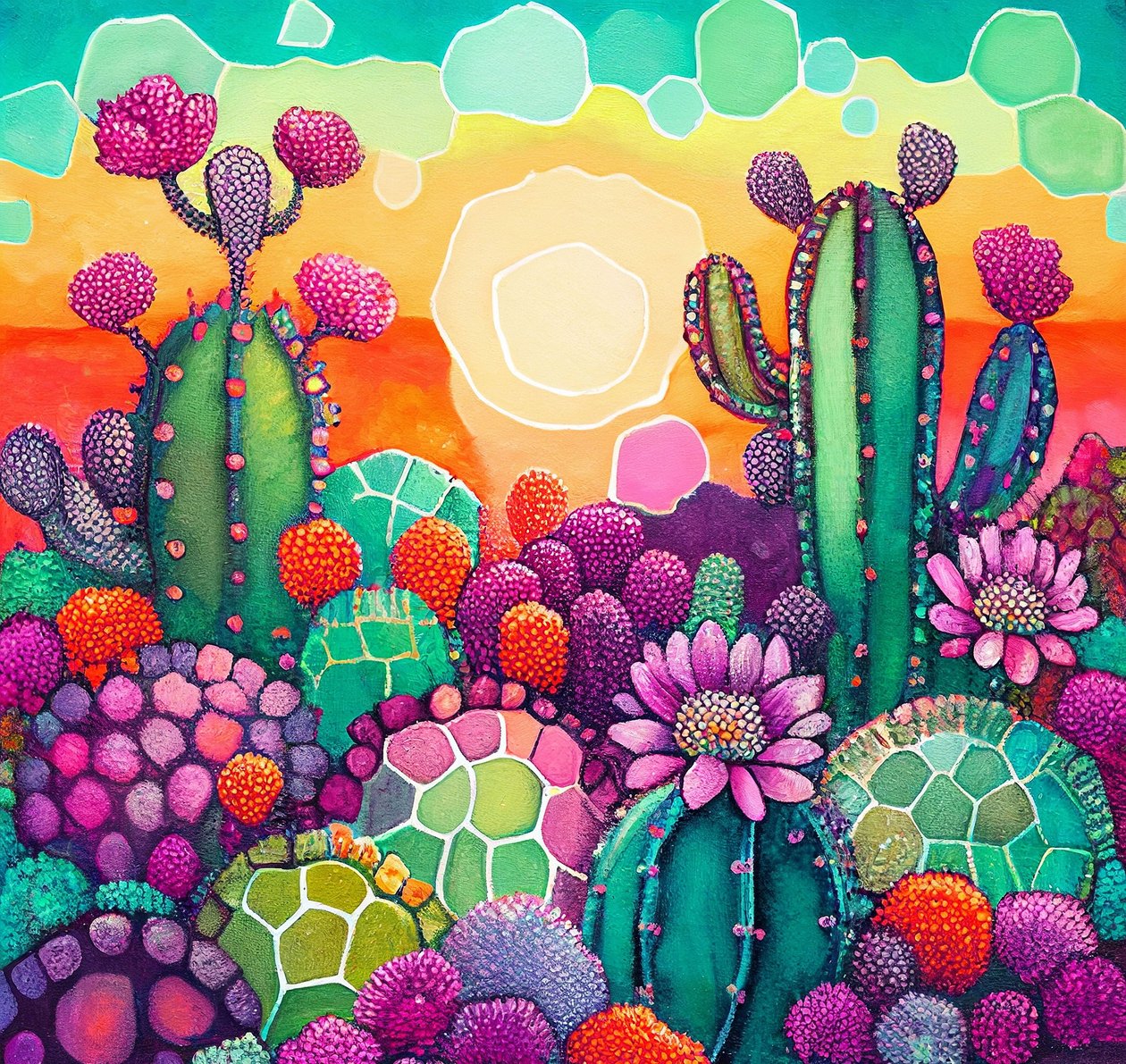 Floraison du désert : Peinture abstraite colorée du coucher de soleil sur les plateaux de cactus - F. Abderrahim