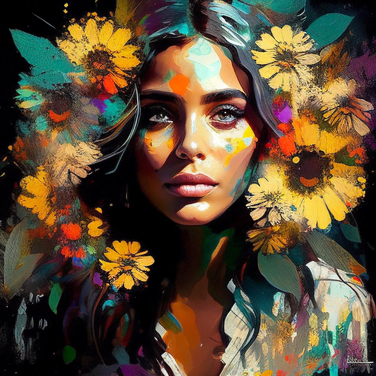 Beauté naturelle, fille mexicaine entourée de tournesols - F. Abderrahim