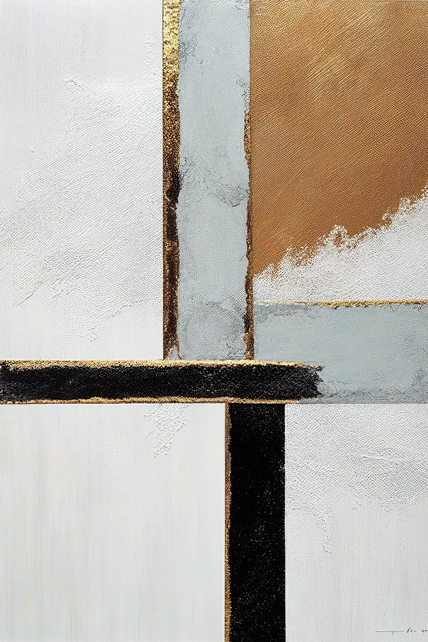 Lignes abstraites blanches et noires, dorées, Art imprimable sur toile - F. Abderrahim