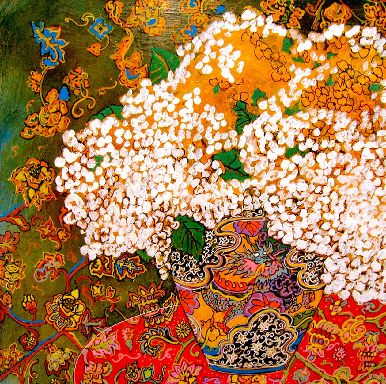 Fleurs dans un vase chinois, 2016 (mixte, acrylique, encre, huile) - linda arthurs