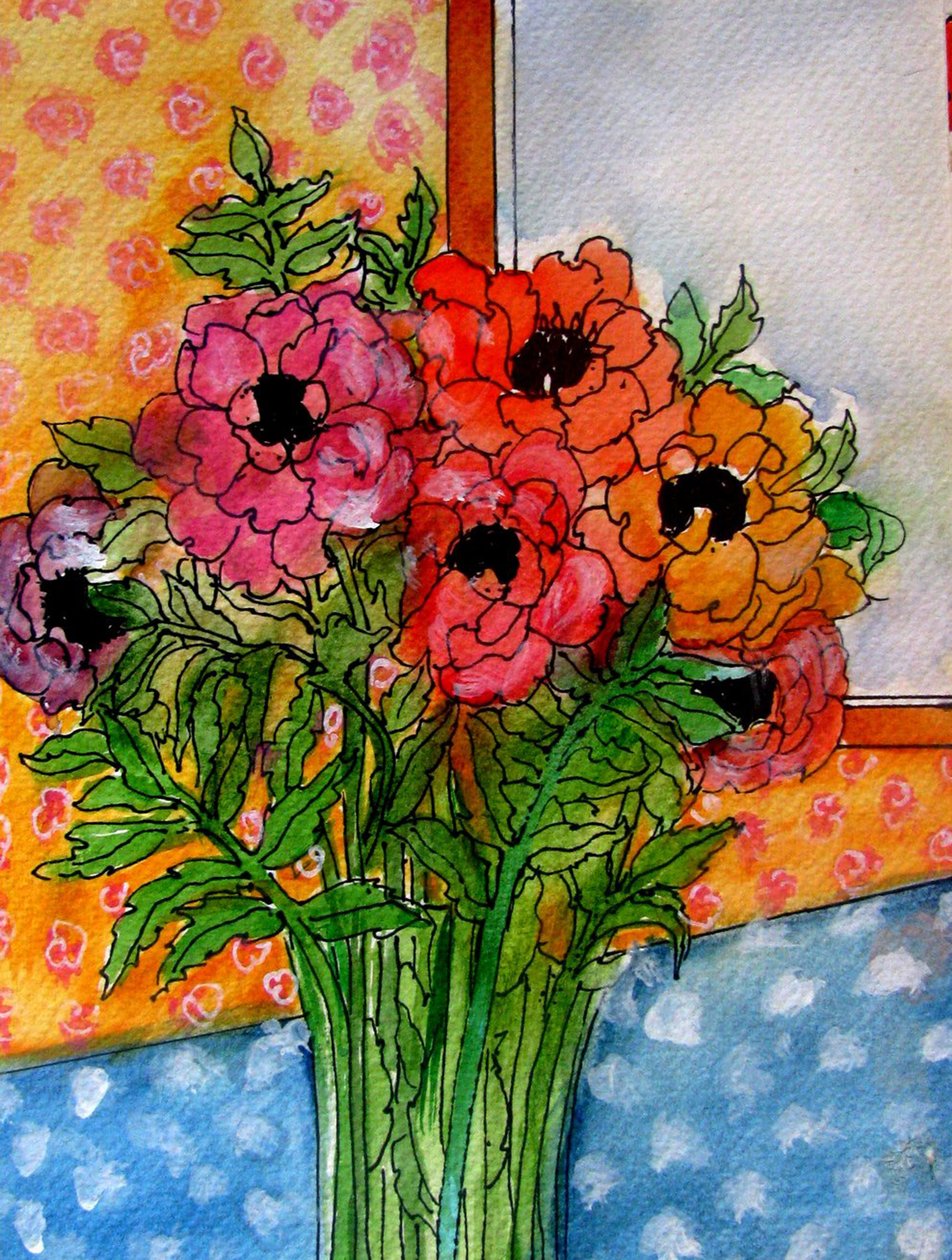 Fleurs dans un vase, 2014 (aquarelle, encre) - linda arthurs