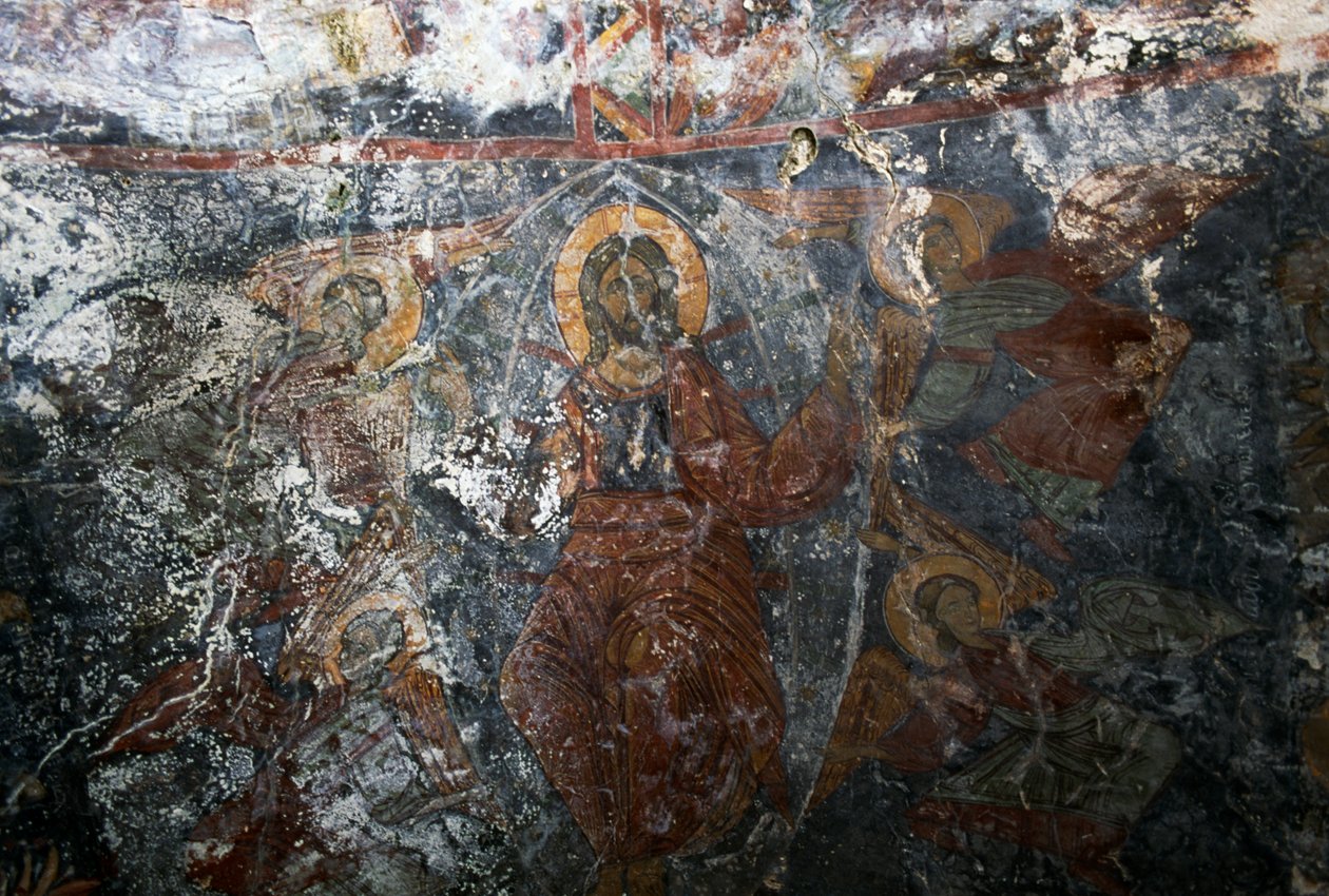 Christ avec des anges et un saint, fresque dans l