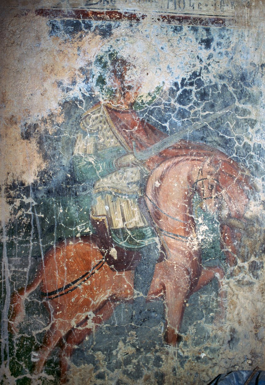 Homme à cheval avec épée, fresque dans l