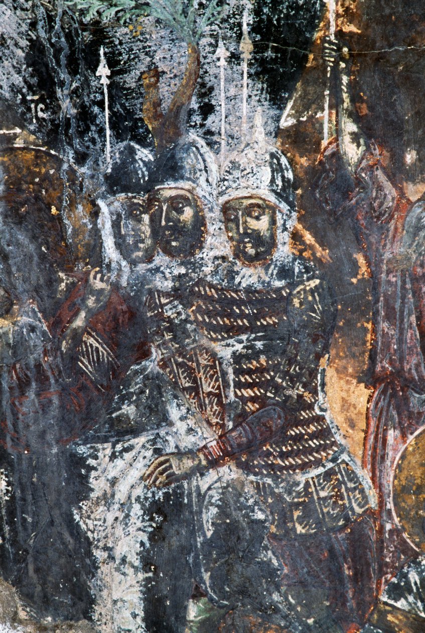 Soldat, fresque endommagée au plafond de l