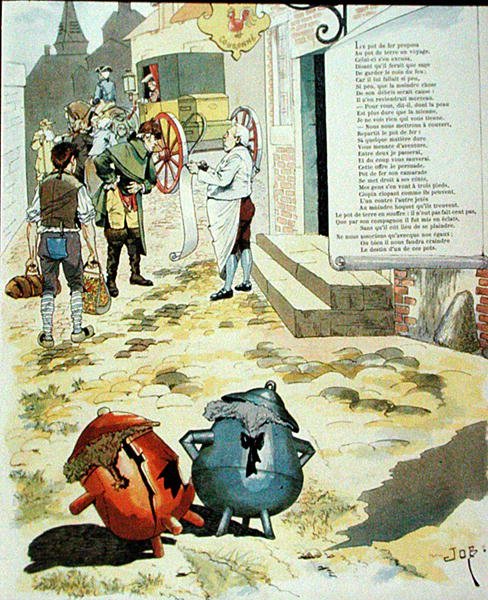 Illustration pour Le Pot de terre et le Pot de fer, des Fables de Jean de La Fontaine - Onfray de Breville Job