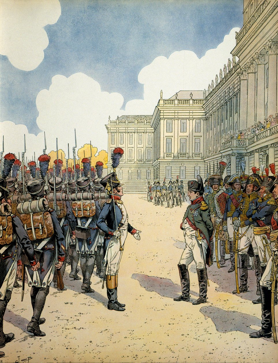 À Schoebrunn, Napoléon Ier Bonaparte (1769-1821) passe en revue les troupes avant la bataille de Wagram les 5 et 6 juillet - pseudonym for Onfray de Breville Jacques Job