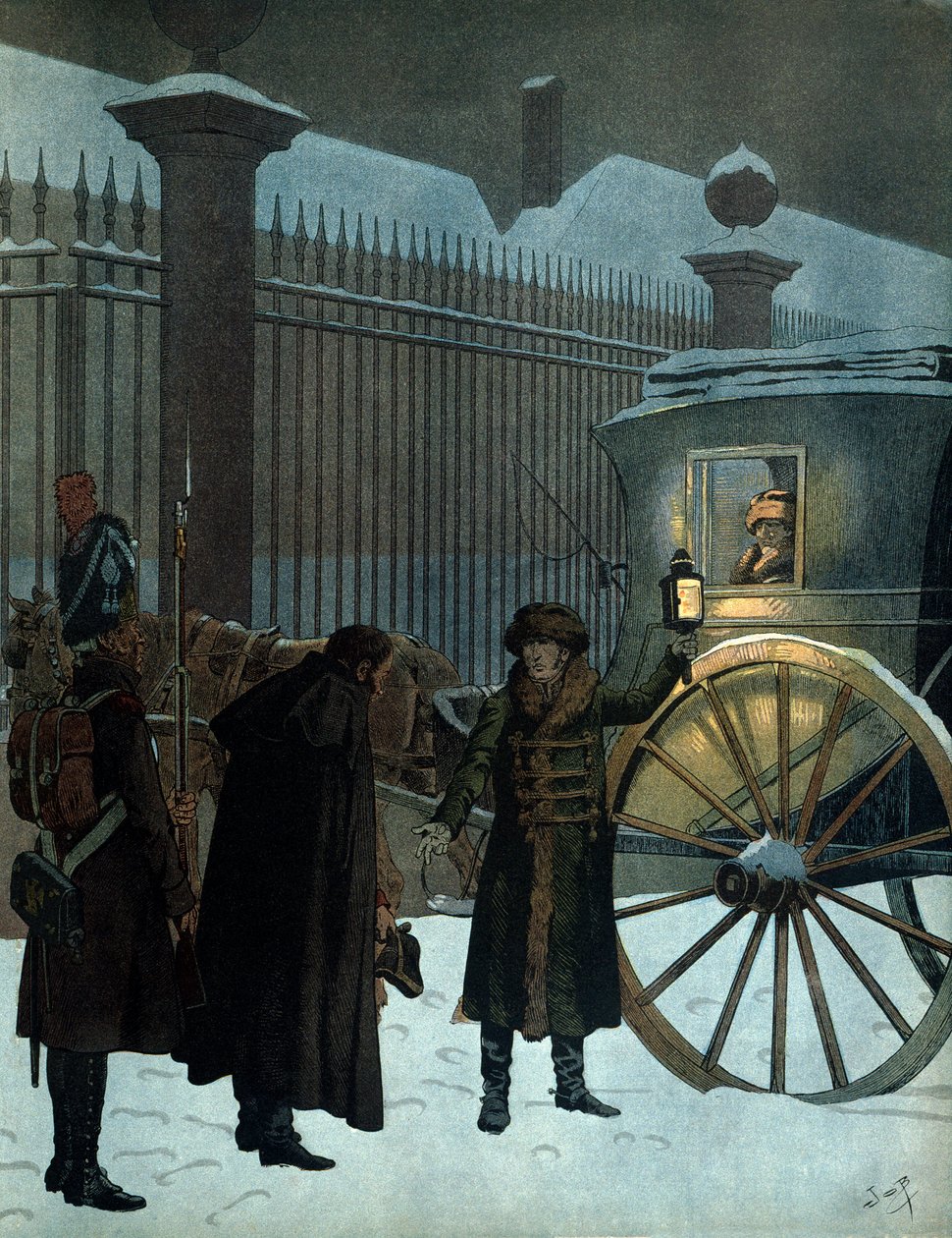 Défaite de la campagne de Russie et retour à Paris : Napoléon Ier Bonaparte (1769-1821) dans une berline arrivée aux Tuileries le 18 décembre 1812 à 23 heures après la retraite de Russie. Dans « Napoléon » de Georges Montorgueil. Illustration de Jacques Ma - pseudonym for Onfray de Breville Jacques Job