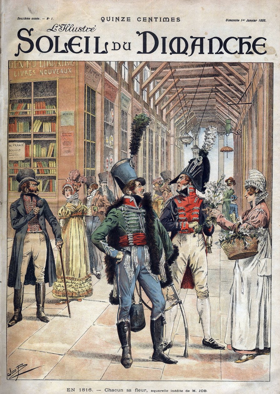 Chacun sa fleur. Un soldat achète des fleurs à une vendeuse dans une galerie couverte à Paris en 1816. D