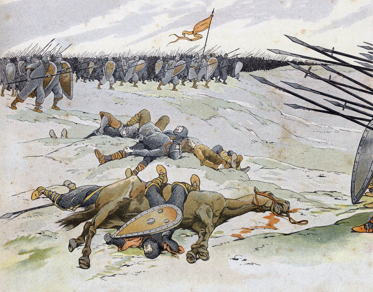 Guerre franco-anglaise (1202-1214) : soldats morts à la bataille de Bouvines le 27/07/1214 qui opposa l
