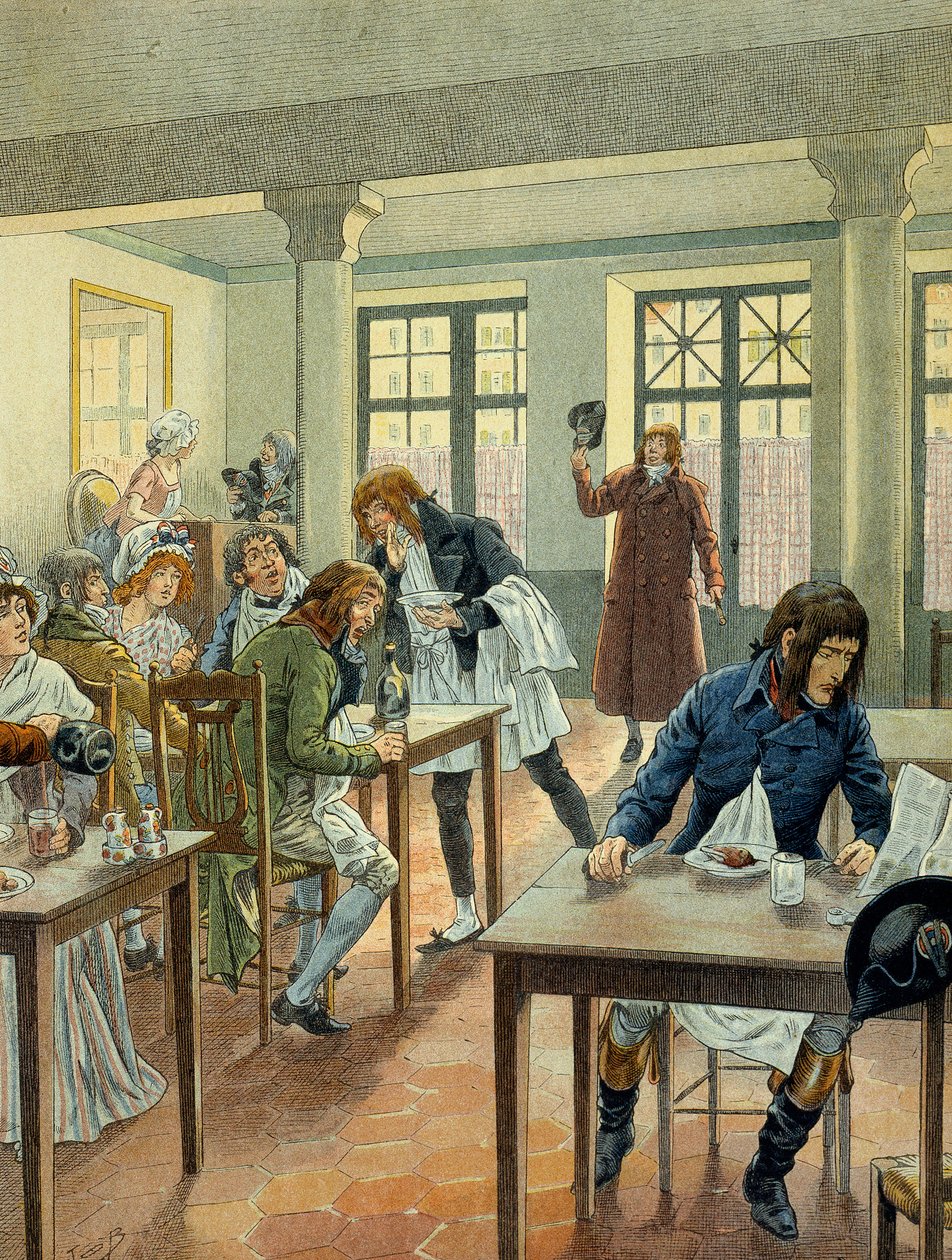Révolution française de 1789 : Napoléon Ier Bonaparte (1769-1821) jeune chez le gargotier Justat, de la rue des Petits-Pères à Paris, réduit à un seul plat qu