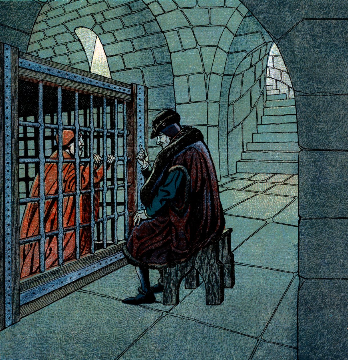 Le roi de France Louis XI visitant le cardinal Jean de la Balue prisonnier dans une cage à la prison de Loche - pseudonym for Onfray de Breville Jacques Job
