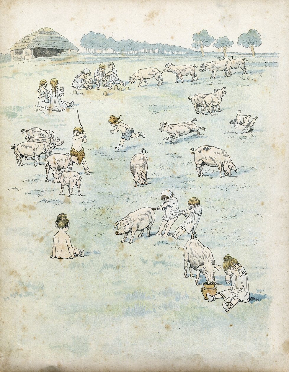Enfants gaulois jouant avec des cochons dans un champ. Dans « La France, son histoire racontée par G. Montorgueil, illustrée par Job » 1896. Collection privée. - pseudonym for Onfray de Breville Jacques Job