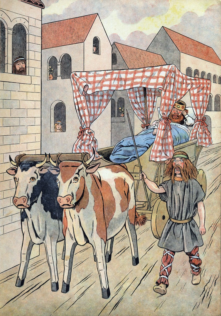 Histoire de France. Scène représentant des rois fainéants en jouets : le roi de France Thierry III (673-691) transporté dans un char avec un lit tiré par des bœufs. Dans "Joujoux à l