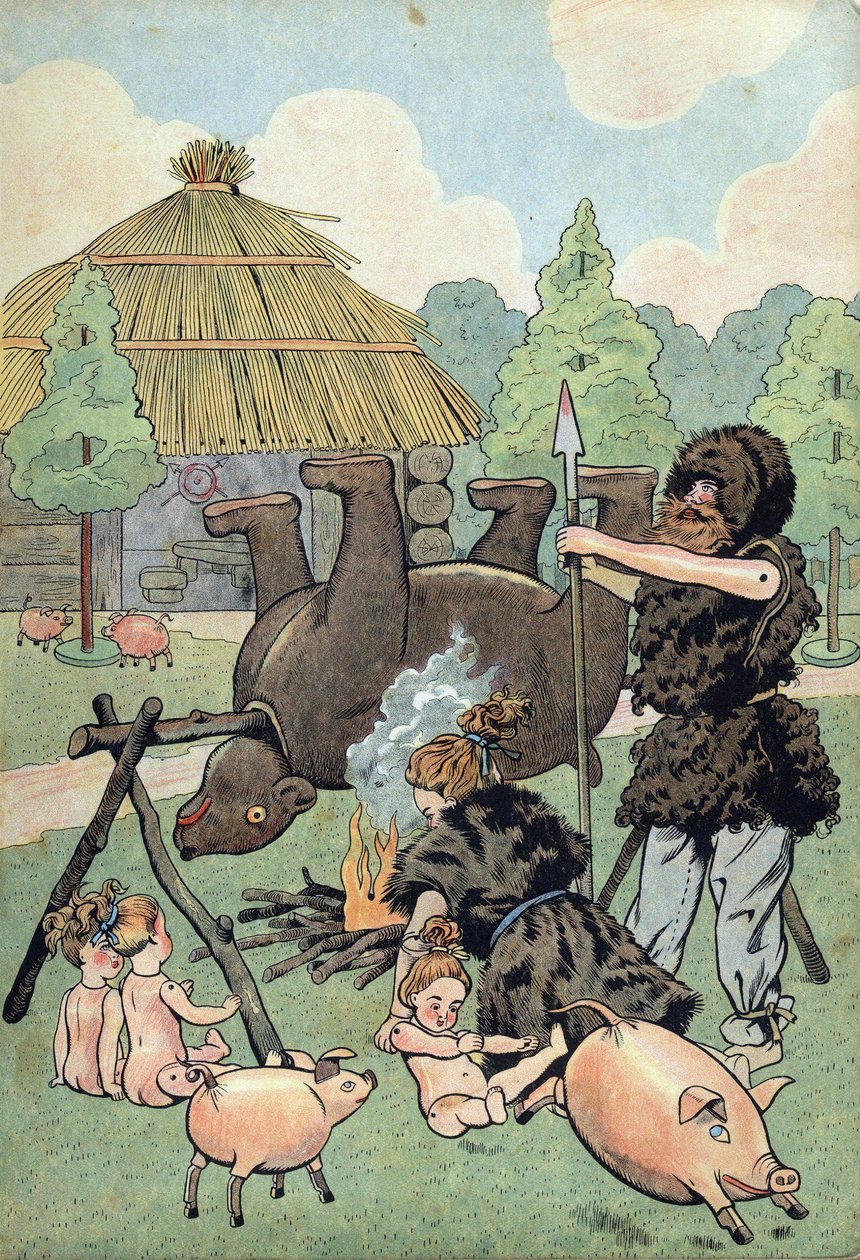 Histoire de France. Scène de la Gaule barbare avec des jouets : un Gaulois et une Gauloise habillés en peau de bête cuisinent un ours pour nourrir leur famille. Dans « Joujoux à l