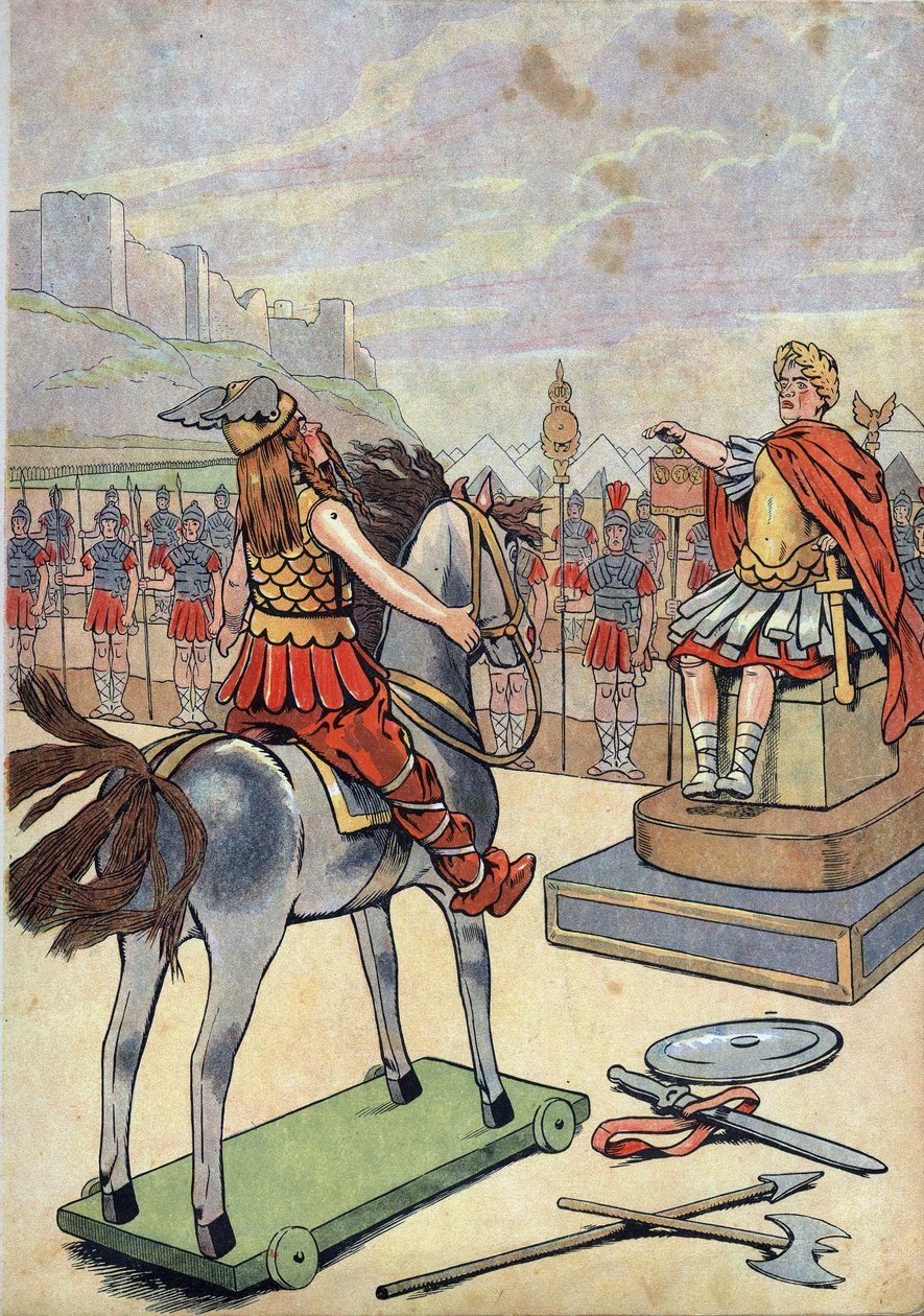 Histoire de France. Scène de la Gaule romaine avec des jouets : Le chef gaulois Vercingétorix (72-46 av. J.-C.) se rend au chef romain Jules César (100-44 av. J.-C.) après la bataille d