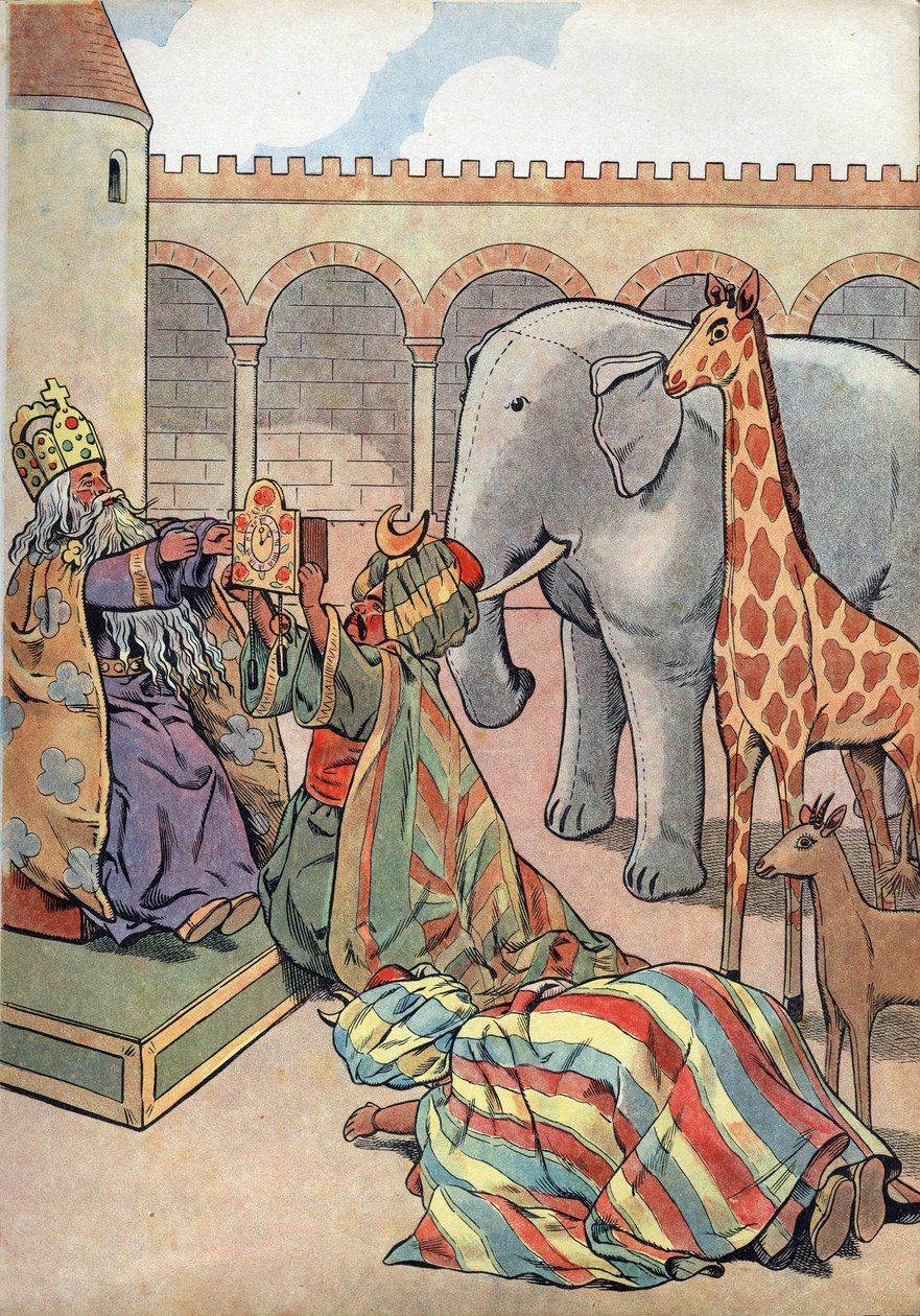Histoire de France. Scène de la vie de Charlemagne en jouets : le calife Haroun al-Rachid offre au roi de France Charlemagne (742-814) une girafe, un éléphant et une horloge. Dans « Joujoux à l