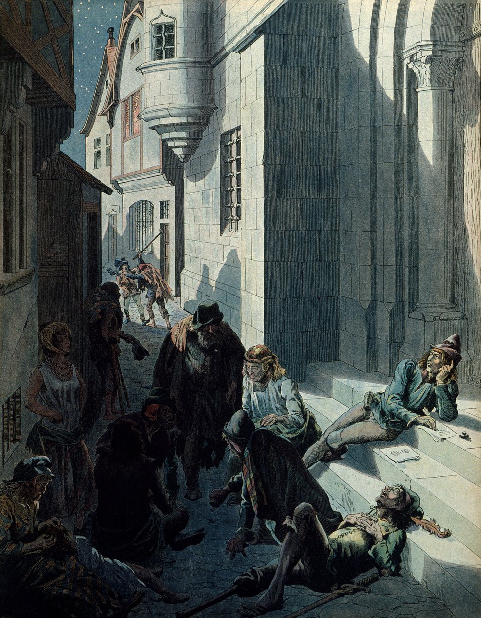 Histoire de France au Moyen Âge : François de Montcorbier dit François Villon (1431-1463?), poète, composant ses œuvres dans la misère des rues de Paris. Illustration de Jacques Marie Gaston Onfray de Bréville dit JOB (1858-1931) - pseudonym for Onfray de Breville Jacques Job