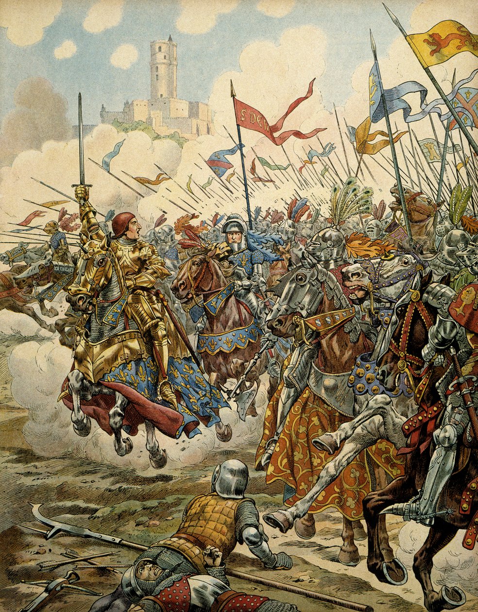 Histoire de France au Moyen Âge : Le roi Louis XI dit le Prudent (1423-1483) à la tête de son armée lors de la bataille de Montlhéry contre la Ligue du Bien Public, le 16 juillet - pseudonym for Onfray de Breville Jacques Job