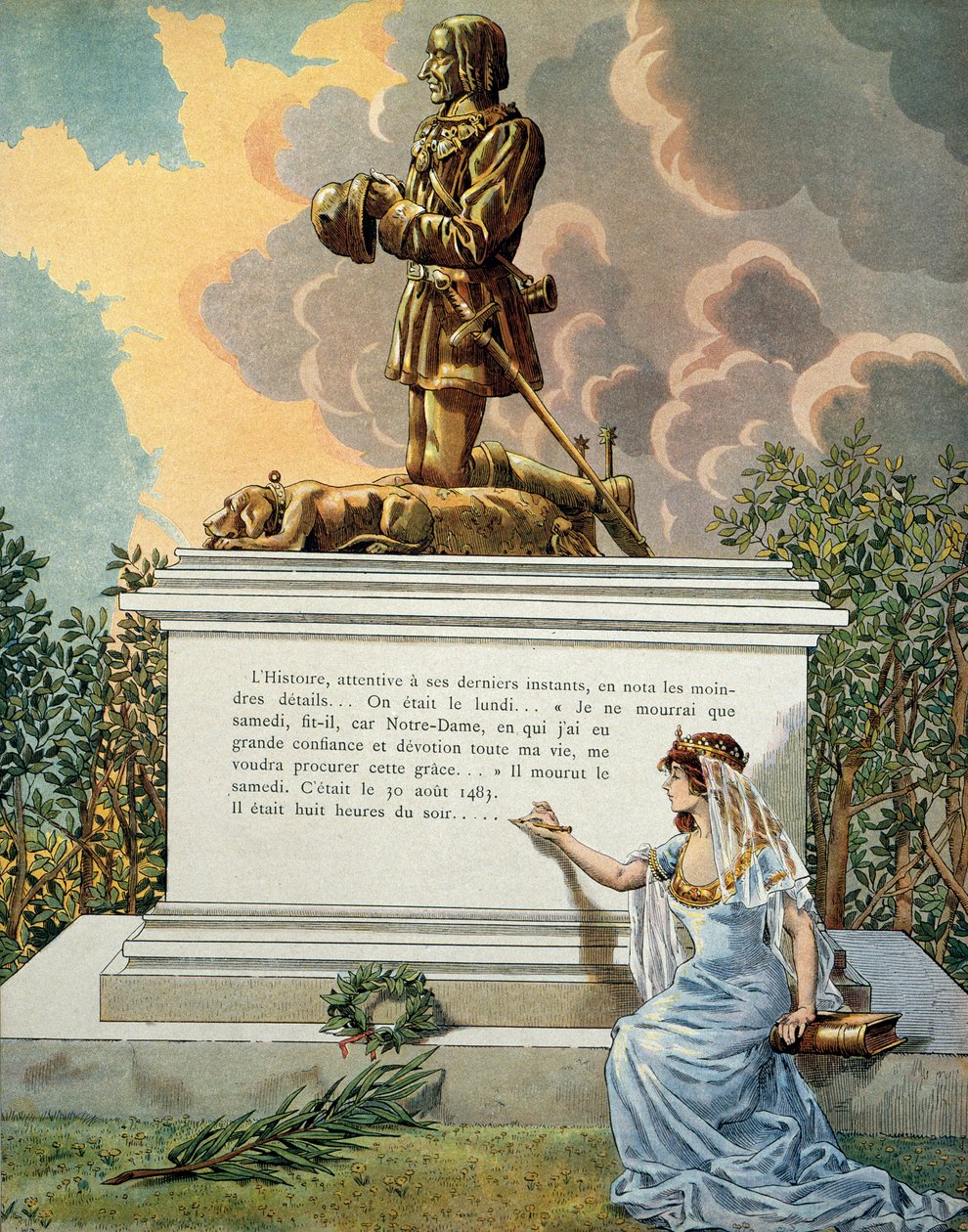 Histoire de France au Moyen Âge : Tombeau du roi de France Louis XI dit le Prudent (1423-1483) à Notre-Dame-de-Cléry, Vallée de la Loire. Illustration de Jacques Marie Gaston Onfray de Bréville dit JOB (1858-1931) - pseudonym for Onfray de Breville Jacques Job