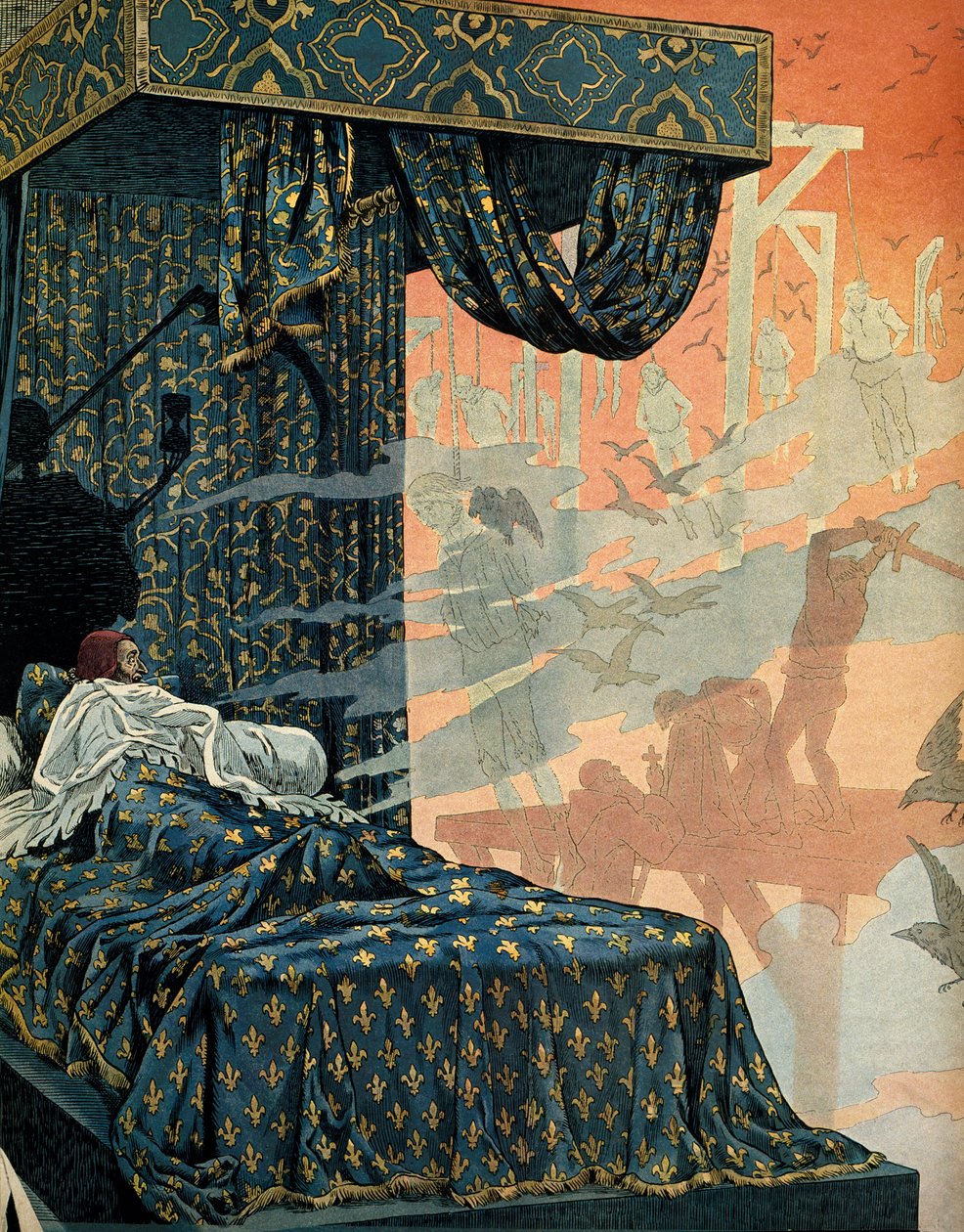 Histoire de France au Moyen Âge : le roi de France Louis XI dit le Prudent (1423-1483) avait des cauchemars anxieux avant de mourir. Illustration de Jacques Marie Gaston Onfray de Breville dit JOB (1858-1931) - pseudonym for Onfray de Breville Jacques Job