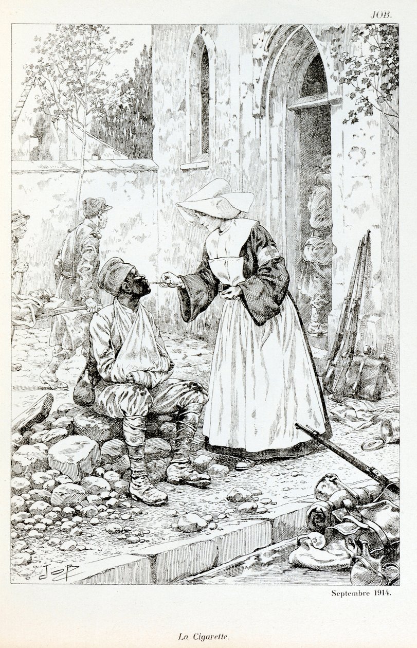 Illustration du livre « La Grande Guerre par les artistes » : « La cigarette septembre 1914 » religieux donnant une cigarette à un soldat blessé par Jacques Marie Gaston Onfray de Breville dit JOB (1858-1931) - pseudonym for Onfray de Breville Jacques Job