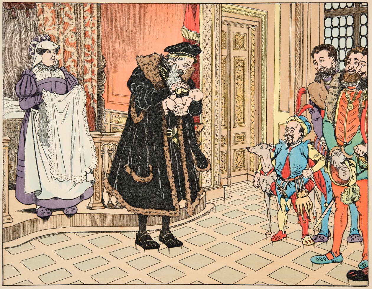 Illustration du livre "Le bon roy Henri", illustré par Jacques Marie Gaston Onfray de Breville dit JOB (1858-1931) : Naissance de Henri IV, son grand-père, Henri d