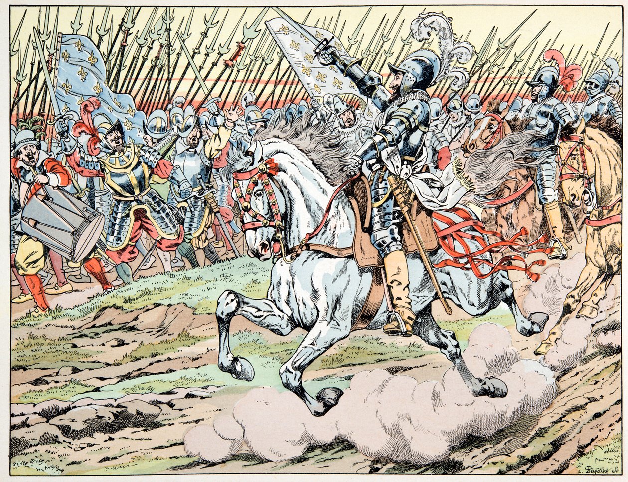 Illustration tirée du livre "Le bon roy Henri", illustrée par Jacques Marie Gaston Onfray de Bréville dit JOB (1858-1931) : Henri IV devant son armée : Suivez mon plume blanc - Collection privée - pseudonym for Onfray de Breville Jacques Job
