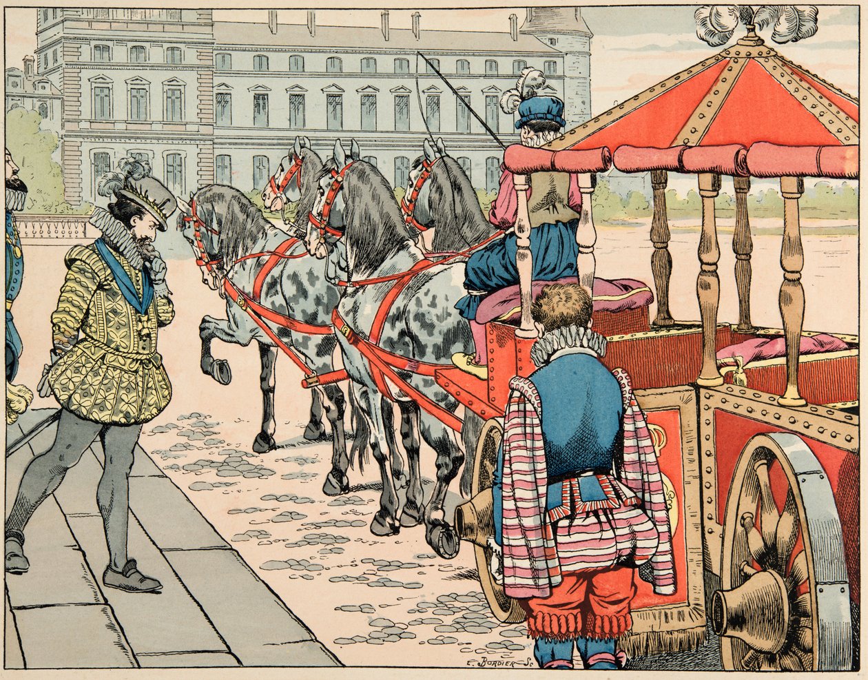 Illustration tirée du livre « Le bon roy Henri », illustré par Jacques Marie Gaston Onfray de Breville dit JOB : Le 14 mai 1610, Henri IV se prépare à monter dans son carrosse découvert - pseudonym for Onfray de Breville Jacques Job