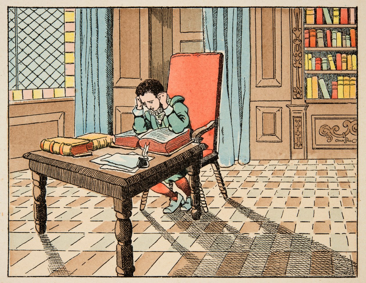 Illustration tirée du livre "Le bon roy Henri", illustrée par Jacques Marie Gaston Onfray de Bréville dit JOB (1858-1931) : Éducation au 16ème siècle : lecture des classiques - Collection privée - pseudonym for Onfray de Breville Jacques Job