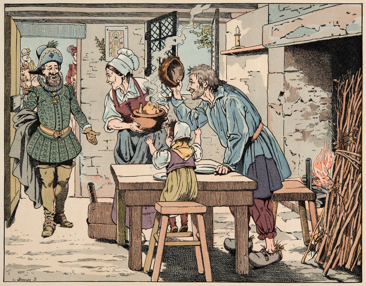 Illustration tirée du livre « Le bon roy Henri », illustrée par Jacques Marie Gaston Onfray de Bréville dit JOB (1858-1931) : Henri IV chez les paysans, mangeant le poulet au pot - pseudonym for Onfray de Breville Jacques Job