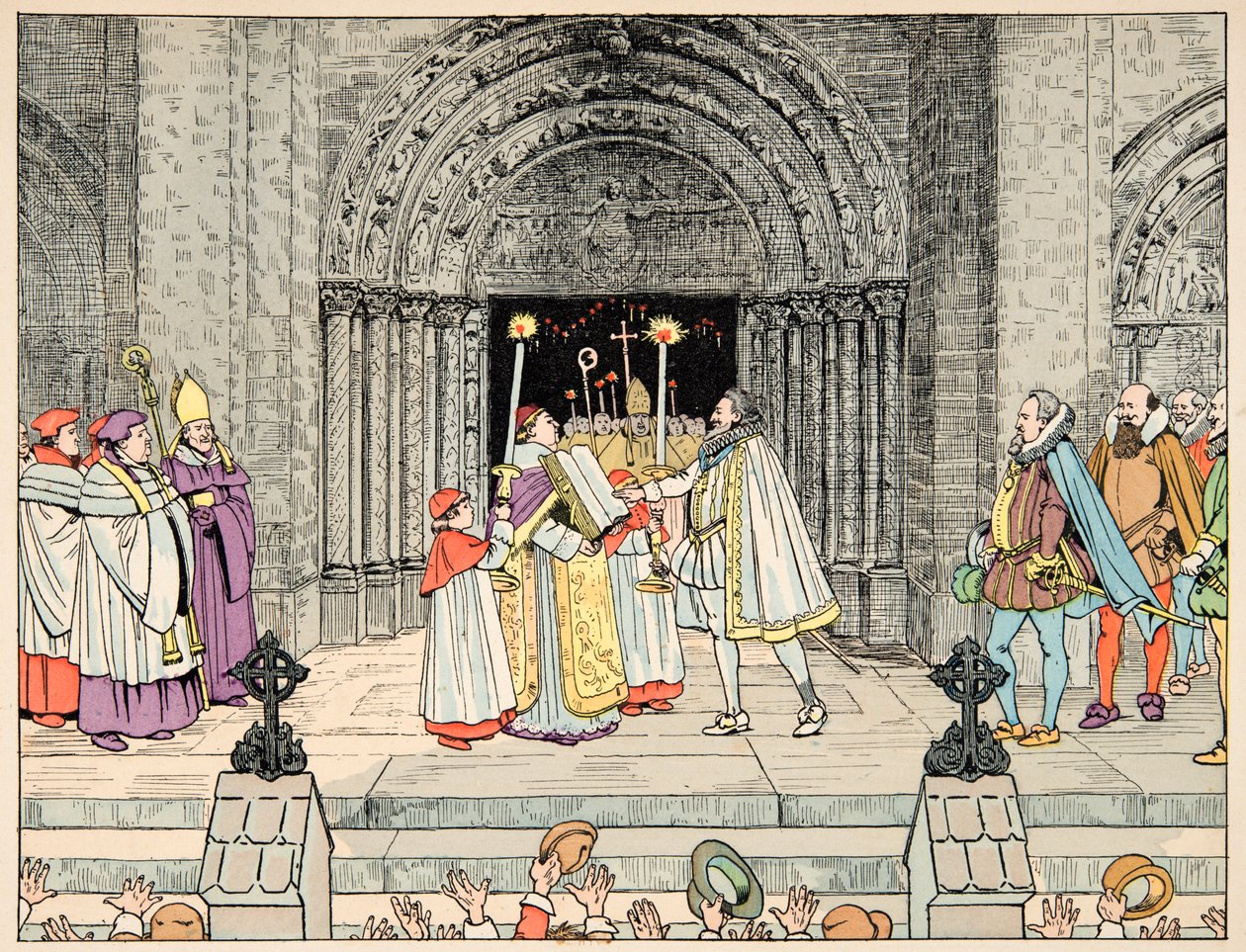 Illustration tirée du livre « Le bon roy Henri », illustré par Jacques Marie Gaston Onfray de Breville dit JOB : Henri IV, Basilique Saint-Denis abjure sa religion et se convertit - pseudonym for Onfray de Breville Jacques Job