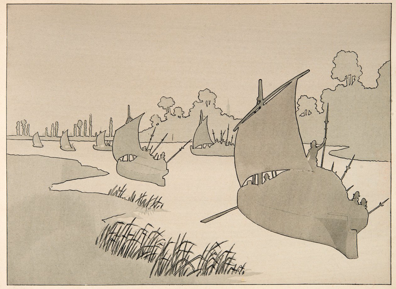 Illustration tirée du livre "Le bon roy Henri", illustrée par JOB : Le Duc de Parme tente de ravitailler Paris par bateau - Collection privée - pseudonym for Onfray de Breville Jacques Job