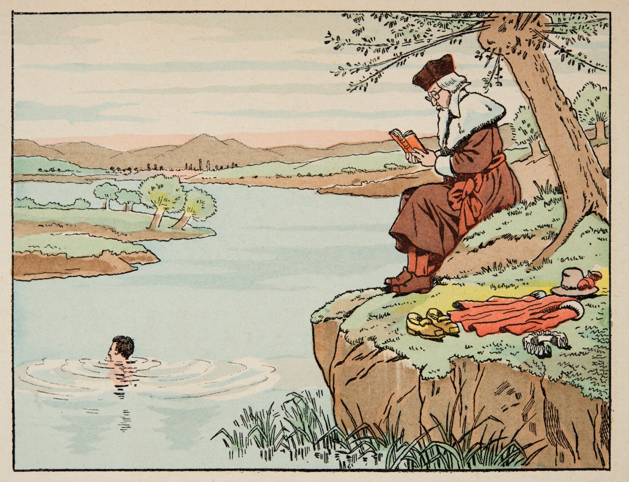 Illustration du livre « Le bon roy Henri », illustrée par Jacques Marie Gaston Onfray de Breville dit JOB (1858-1931) : Éducation au 16ème siècle : natation - Collection privée - pseudonym for Onfray de Breville Jacques Job