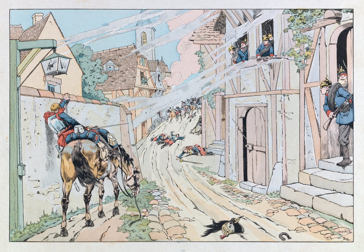 Illustration du livre « Les épées de France » : Épisode de la guerre franco-prussienne de 1870, assaut donné par les 9ème cuirassiers dans le village de Morsbronn - pseudonym for Onfray de Breville Jacques Job