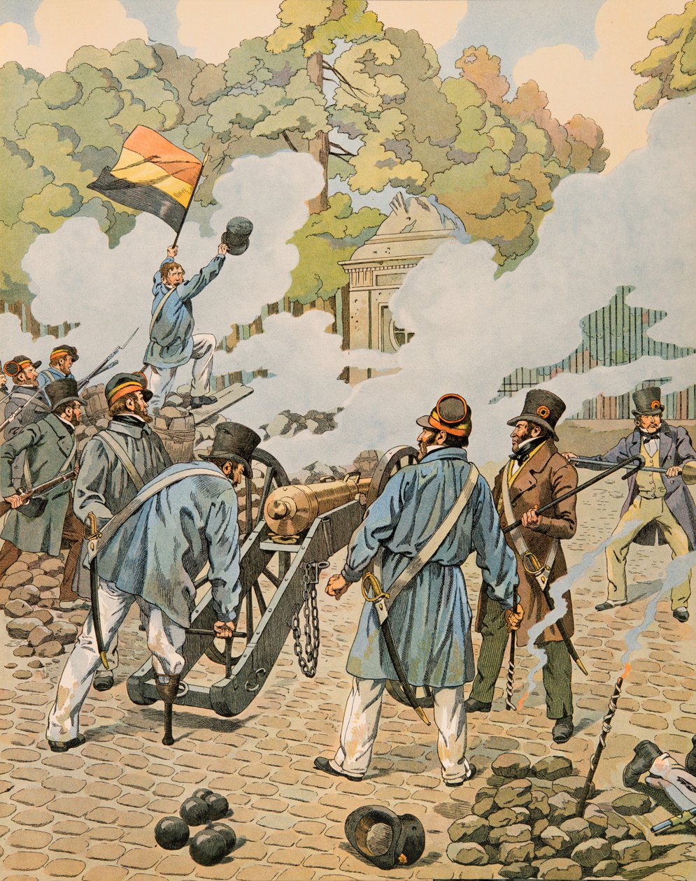 Jacques Marie Gaston Onfroy de Bréville dit JOB (1858-1931) - Histoire de la Belgique : Jean Joseph Charlier (1794 - 1866) dit la jambe de bois pointe son artillerie contre les troupes néerlandaises massées dans le parc de Bruxelles en septembre 1830, Coll - pseudonym for Onfray de Breville Jacques Job