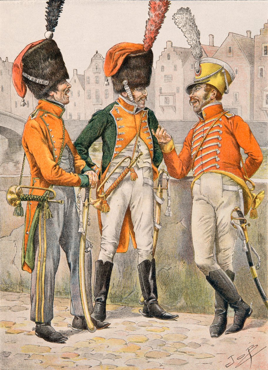 Uniforme des troupes françaises à travers les âges : trompettes des régiments de chasseurs à cheval - pseudonym for Onfray de Breville Jacques Job