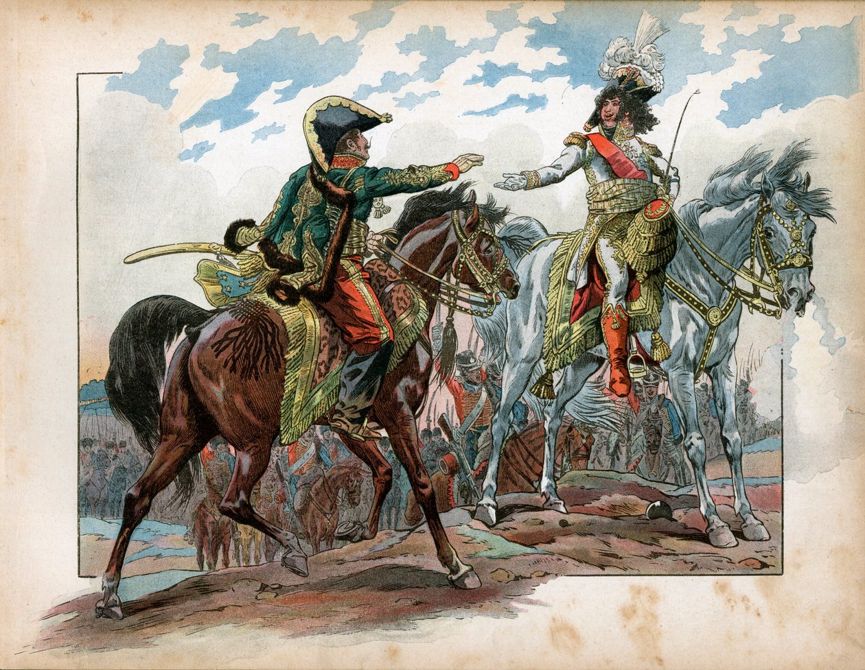 Joachim Murat et le général Antoine Charles Louis de La Salle pendant la bataille de Heilsberg en 1807. Gravure de Jacques Marie Gaston Onfray de Breville dit Job - pseudonym for Onfray de Breville Jacques Job