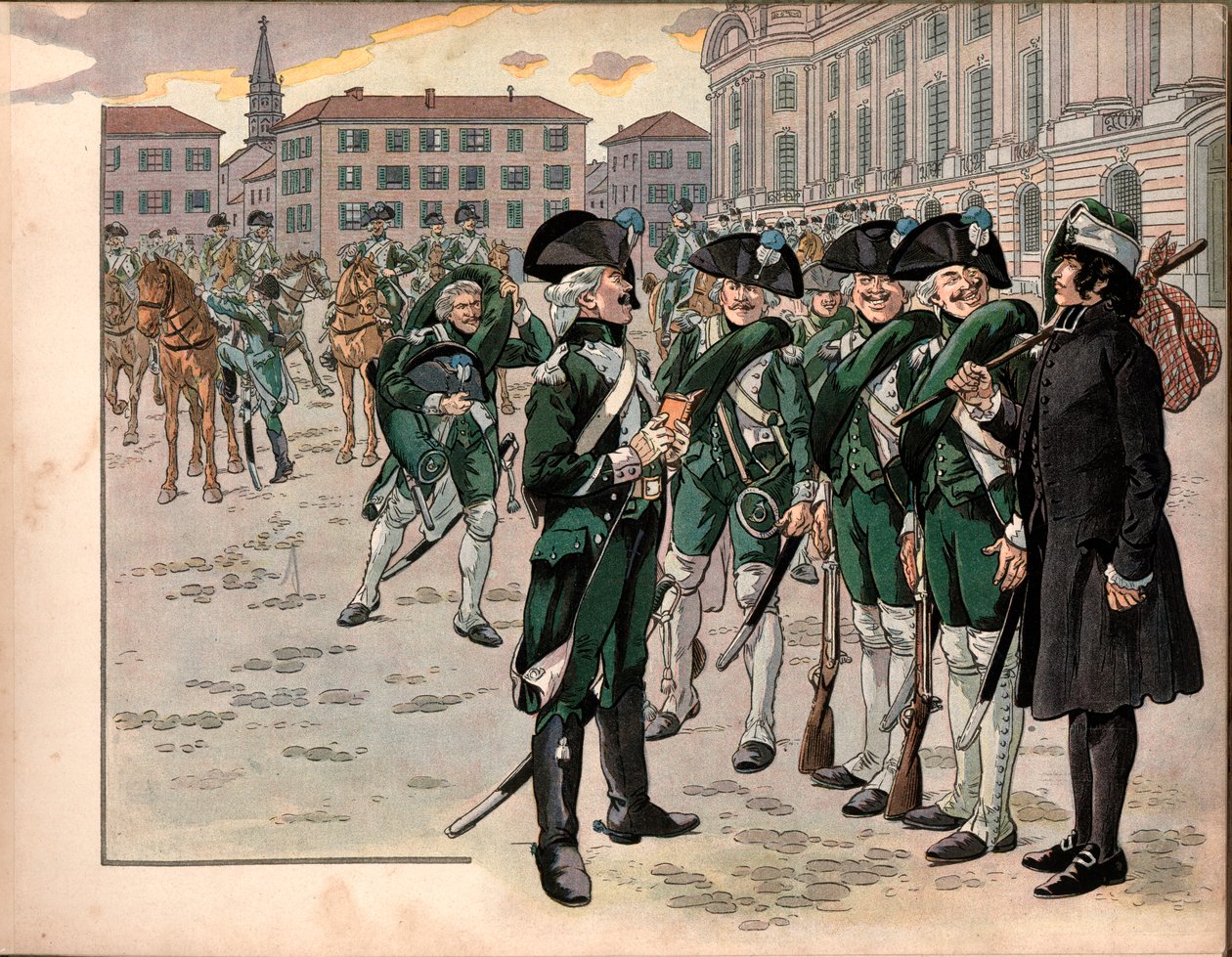 Joachim Murat (1767-1815) rejoint le Régiment des Chasseurs des Ardennes en 1787. Gravure de Jacques Marie Gaston Onfray de Breville dit Job (1858-1931) - pseudonym for Onfray de Breville Jacques Job