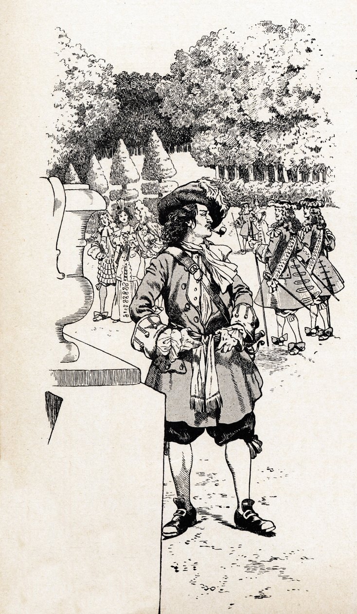 Le roi Louis XIV de France appelé Roi Soleil (1638-1715) avec ses courtisans dans les jardins de Versailles. Illustration de Job (Jacques Marie Gaston Onfray et Breville) (Jacques-Marie) (1858-1931) pour le livre « Les grands mots historiques du pays de Fr - pseudonym for Onfray de Breville Jacques Job