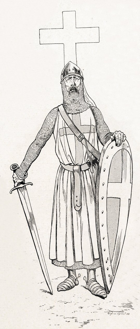 Chevalier de Louis IX connu sous le nom de Saint Louis (1214-1270) en costume de croisade. Illustration de Job (Jacques Marie Gaston Onfray et Breville) (Jacques-Marie) (1858-1931) pour le livre « Les grands mots historiques du pays de France » 1915. Colle - pseudonym for Onfray de Breville Jacques Job
