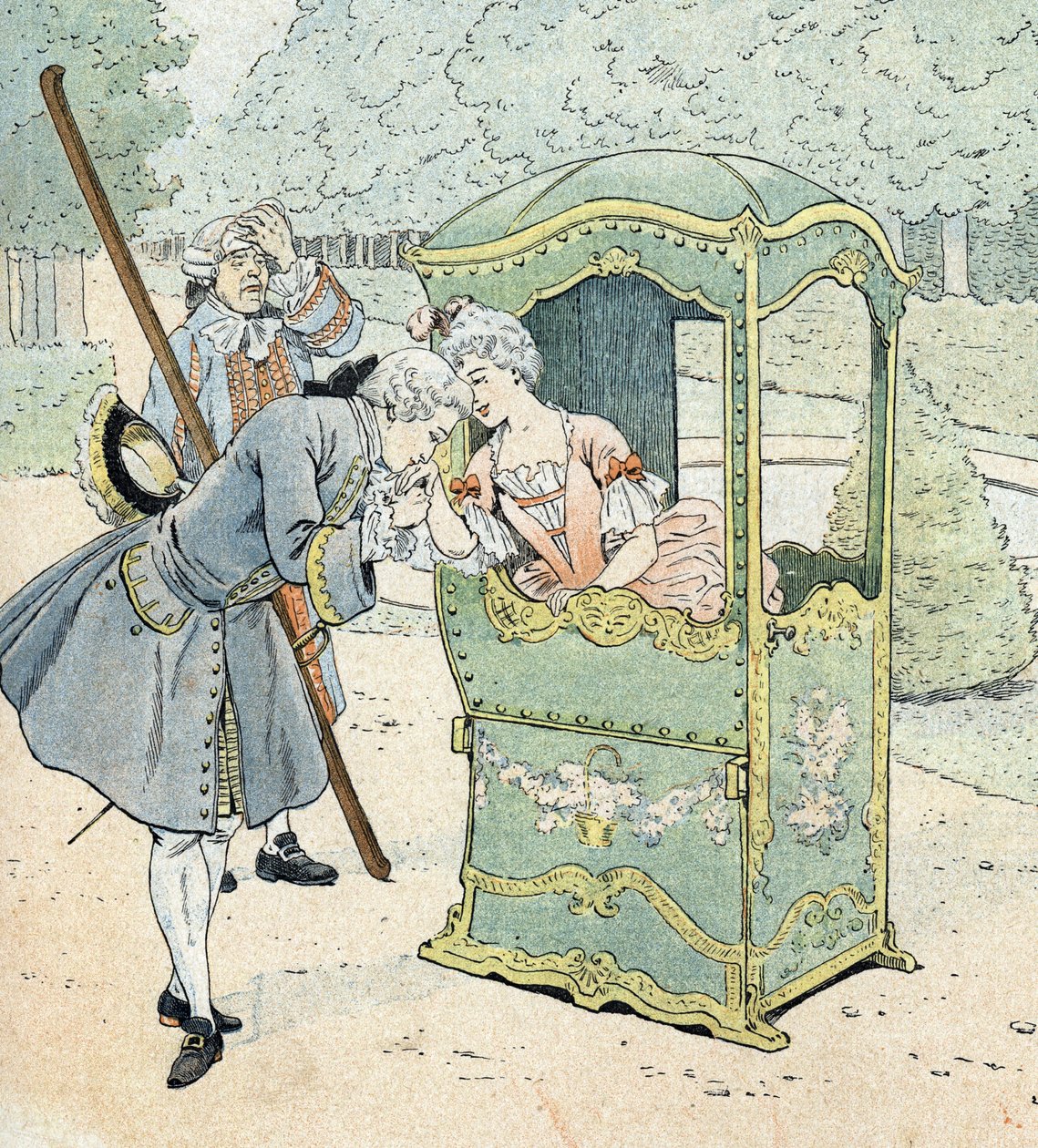 Dame de la noblesse au 18e siècle, dans une chaise à porteurs recevant le baisemain - pseudonym for Onfray de Breville Jacques Job