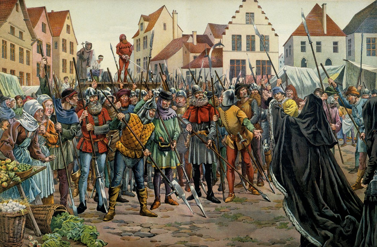 Marie de Bourgogne (1457-1482), duchesse de Bourgogne, réclame la clémence pour ses conseillers en 1477. Illustration de Jacques Marie Gaston Onfray de Bréville dit JOB (1858-1931) dans « Louis XI » - pseudonym for Onfray de Breville Jacques Job